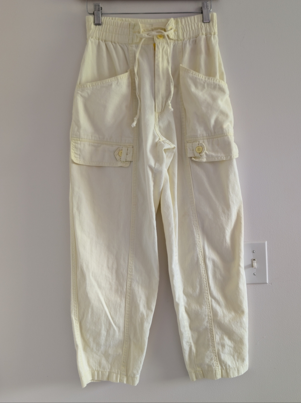 Vintage Cotton Light Yellow Cargo Joggers with Drawstring Waist